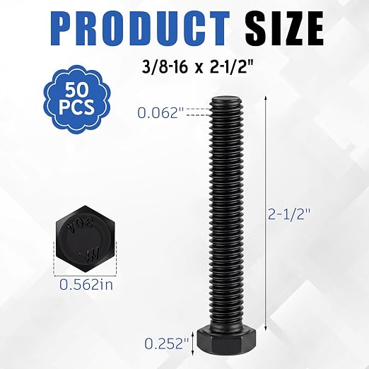 Zonon 50 Pcs 3/8-16 x 2-1/2" Hex Head Screw Bolt 18-8 (304) Stainless Steel Hexagon Bolts, Fully Threaded, Plain Finish, External Hex Drive (Black)