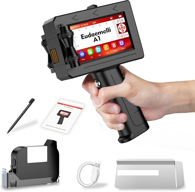 A1 Handheld Inkjet Printer Gun,0.5 Inch Portable Handheld Ink jet Printer Gun with 42ml Quick-Drying Ink Inkjet Coding Machine for Expiry Date/Batch Number/Text/Logo/QR Code/Barcode/Serial Number