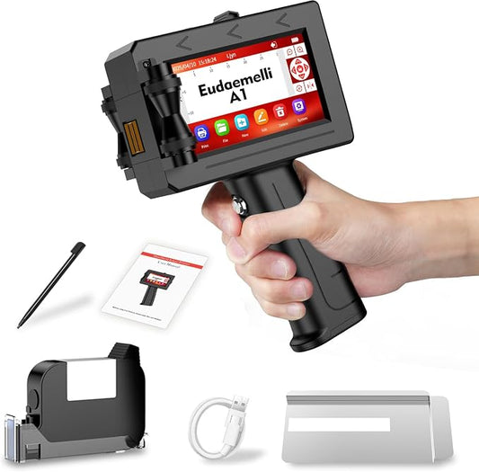 A1 Handheld Inkjet Printer Gun,0.5 Inch Portable Handheld Ink jet Printer Gun with 42ml Quick-Drying Ink Inkjet Coding Machine for Expiry Date/Batch Number/Text/Logo/QR Code/Barcode/Serial Number