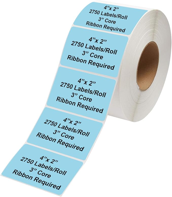 Industrial Thermal Transfer Labels, Blue, 4 x 2 Inches, 3 Inch Core, 2,750 Labels/Roll, Perforated, Ribbon Required, for Thermal Transfer Printers