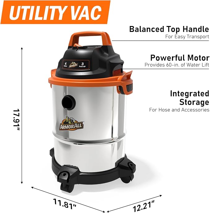Armor All VOC408S 0901 4 Gallon 3 Peak HP Stainless Steel Wet/Dry Vacuum, Orange
