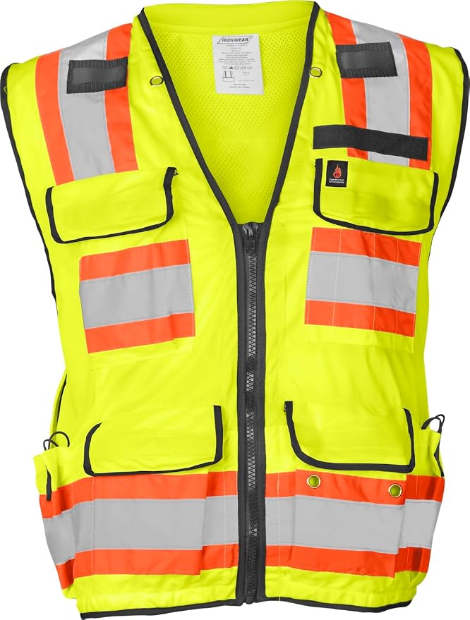 Ironwear 1278FR-L-06-3XL ANSI Class 2 Flame Retardant Polyester Surveyor SAFETY Vest with 2" Silver Reflective Tape, Lime, 3X-Large