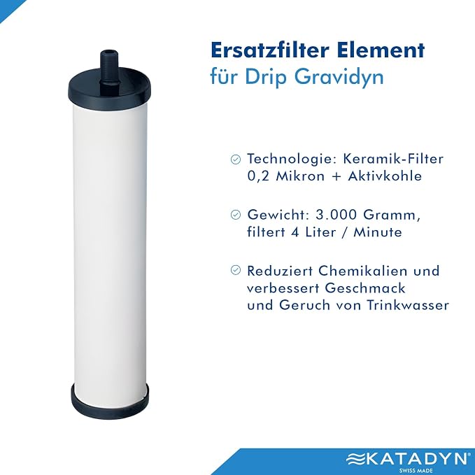 Katadyn Gravidyn Replacement Element for TRK Drip Gravity Filter | 0.2 Micron Silver Ceramic with Activated Carbon Core, Filters Sediment & Reduces Chemicals, Cleanable, Swiss Made