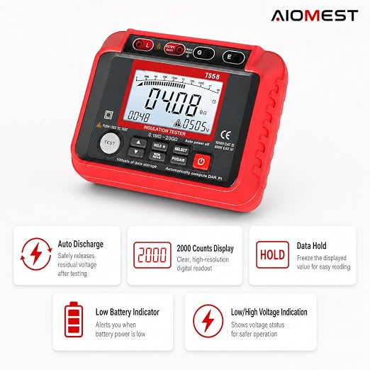 AIOMEST Megohmmeter 0.1MΩ-20GΩ Digital Insulation Resistance Tester with 50V/100V/250V/500V/1000V Output Voltage, Data Logging, 10V~600V AC/DC Voltmeter Megohm Meter w/Test Lead & Zipper Bag