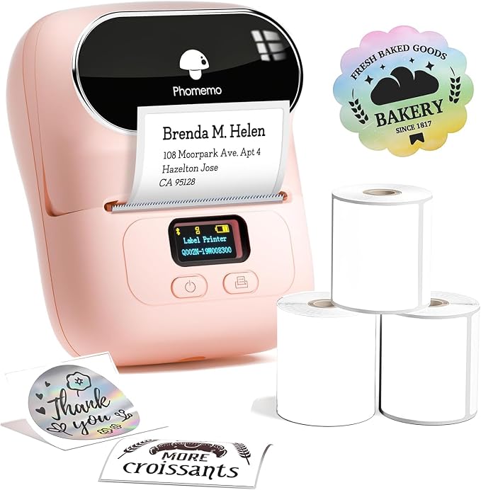 Phomemo M110 Label Maker- with 3 Packs Labels Bluetooth Portable Label Maker No Ink, Mini Barcode Label Printer for Retail, Address, Barcode, Home, for PC/Mac, iOS/Android, Baby Pink