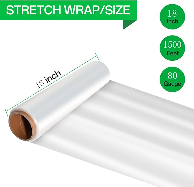 18in Stretch Wrap Roll, Heavy Duty 1500ft Shrink Wrap, Pallet Wrap 4 Pack | Industrial Strength, 80 Gauge, Clear Stretch Film, Self-Adhesive Cling, Plastic Wrap for Furniture Wrapping Shipping Moving