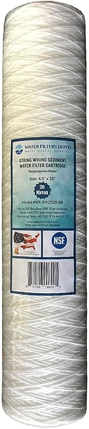 WFD, WF-SW2020-BB 4.5"x20" 20 Micron String Wound Sediment Water Filter Cartridge, Fits in 20" Big Blue (BB) Housings of Whole House Filter Systems (2 Pack, 20 Micron)