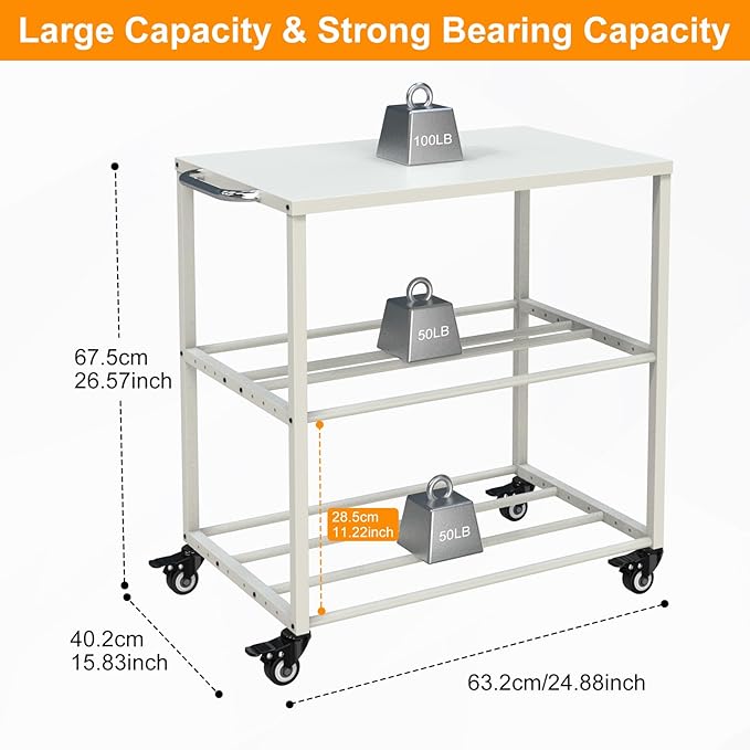 Demao 3D Printer Filament Storage Rack, 3-Tier 3D Printer Cart with Lockable Universal Wheels,Heavy Duty Metal 3D Filament Storage Rack for 3D Printing Filaments-White