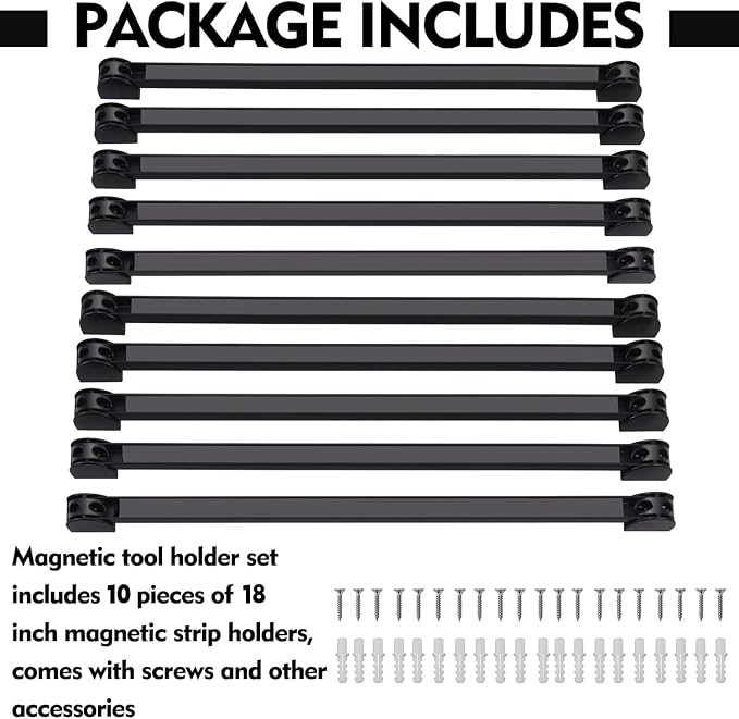 18" Magnetic Tool Holder, 10 Packs Magnetic Storage Strips Magnet Bar PVC Coated for Garage Tool Organizer Mounted Hanging Strip,Heavy Duty of Holder Easy to Install
