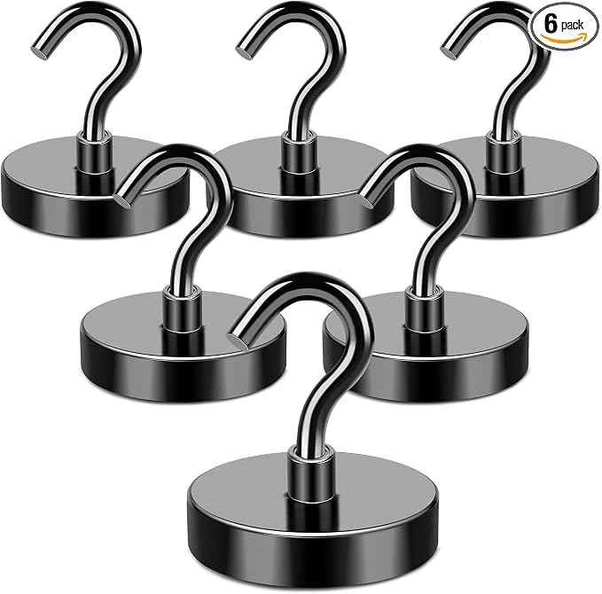 MIKEDE Magnetic Hooks Heavy Duty 170LB+ Strong Black Magnets Hook | Rare Earth Neodymium Hooks with Epoxy Coating Cruise Magnets with Hook for Hanging Refrigerator Garage 6 Pack