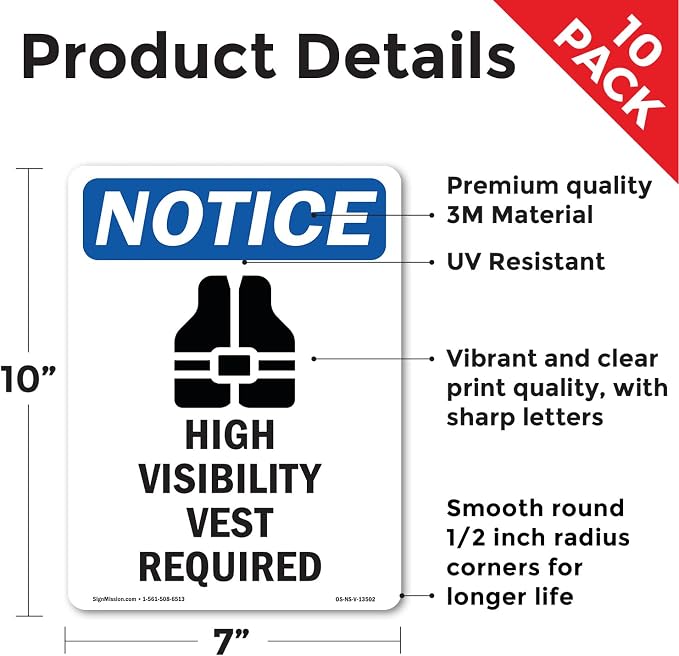 High Visibility Vest With Symbol OSHA Notice Vinyl Decal Label 10 Inch x 7 Inch - 10 Pack