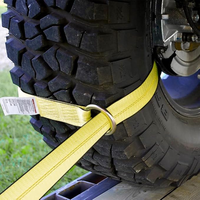 Heavy Duty Car Tie Down Straps (4PK) - 2" x 96" - 3,300 lbs Safe Working Load - Wheel Straps Comes with 5/16" Tow Hooks (Yellow)
