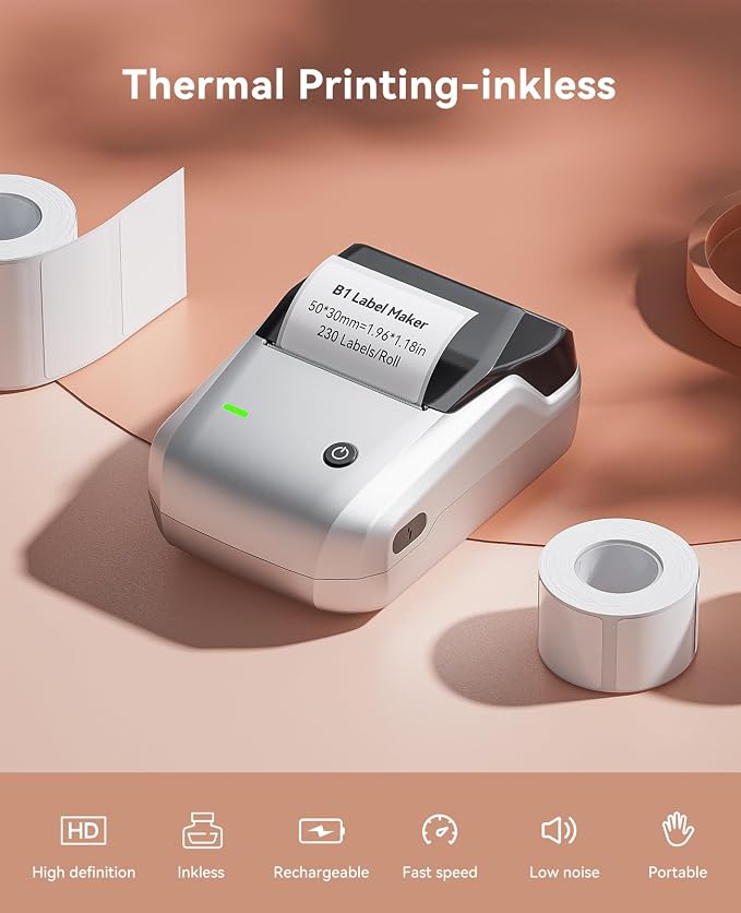 NIIMBOT 2Inch Label Maker Machine with 3 Tape, B1 Portable Sticker Printer for Small Businesses, Clothing, Logo, Jar, Address, Compatible with Phones & PC, Silver Gray