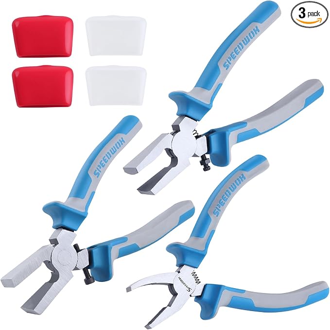 SPEEDWOX 6" 3Pcs Glass Running Pliers Glass Breaking Pliers and Breaker Grozer Pliers Glasses Cutting Pliers Set with 2 Pair of Rubber Tips Key Fob Pliers for Stained Glass Cutter