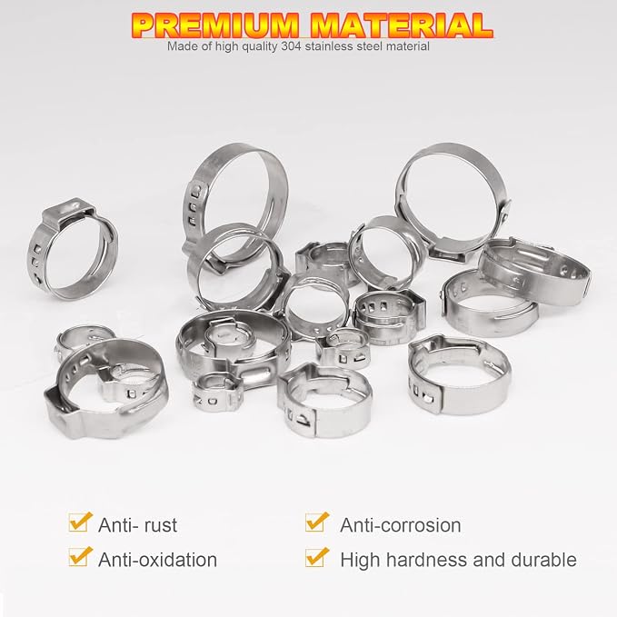 AKIHISA 420Pcs 20 sizes Single Ear Hose Clamps, 7-28.6mm 304 Stainless Steel Pex Crimp Rings Kit, Crimp Hose Clamp Assortment Set for Securing Pipe Hoses and Automotive Use