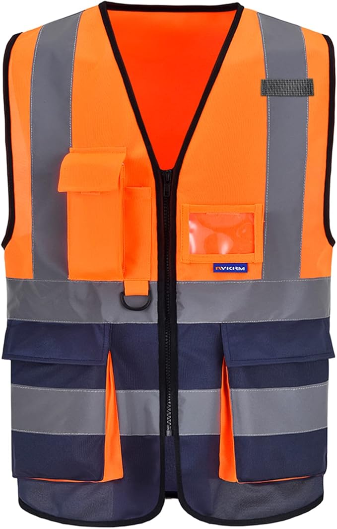 A-SAFETY Hi-Vis Reflective Vest, Reinforced Points, Zipper, Orange/Navy, M | Orange/Navy M Polyester work vest with 7 pockets, clear ID pocket and radio mic loop for utility work and site supervision.