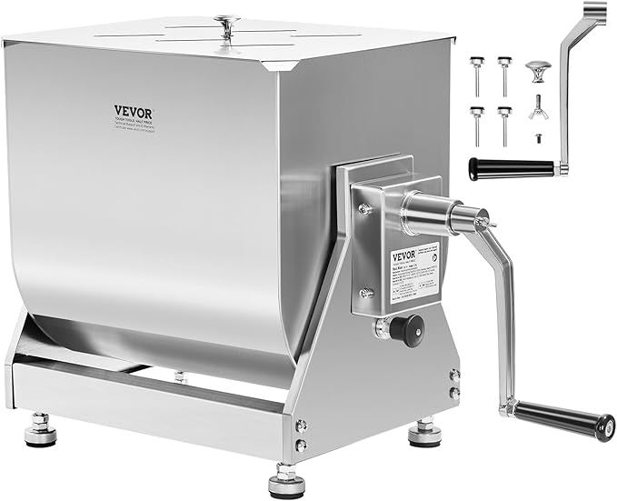 VEVOR Manual Meat Mixer, 10L Tilt Tank – Heavy Duty Stainless Steel Hand Mixer for Ground Beef & Sausage, Max 15lb Mixing Meat Capacity, with Gear Box and Lid Handle