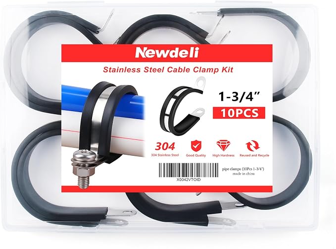 Newdeli 10Pcs Cable Clamps 1-3/4 Inch Stainless Steel Cable Clamp Rubber Cushioned Hose Clamp Insulated Tube clips Automotive Wire Pipe Clamps