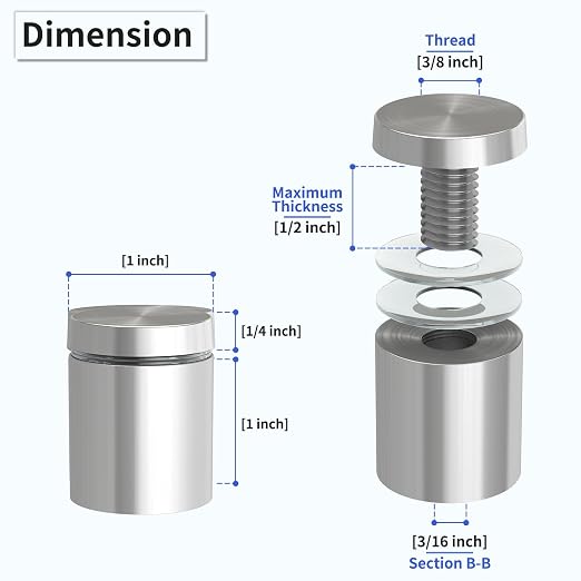 LuckIn 50-Pack Standoff Screws (1 in. Dia x 1 in. L), Stainless Steel Standoff Mounting Hardware for Acrylic Signs, Silver