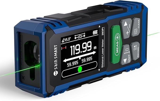 SainSmart Dual Laser Measuring Tool, 393Ft Green Bilateral Distance Meter with Backlit LCD, Rechargeable, Multi-Unit, Electronic Level, Length/Area/Volume/Angle Sensor/PC Data Transfer, Laser Class 2