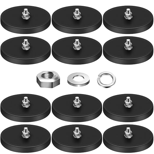DIYMAG Rubber Coated Magnets 12 Pcs Adhesive Power 120LBS Anti-Scratch Neodymium Magnet Base with M8 Threaded Studs and Nuts, Black Strong Magnets Hold for Light Bar, Mirror, Camera, PTZ