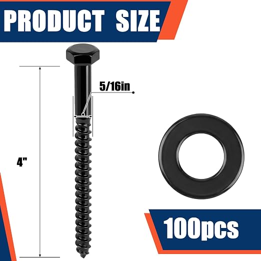Tandefio 100 Pack 5/16''x4'' Hex Head Lag Bolts for Wood Ceramic Black Lag Screw Kit with Washers Heavy Duty Hot Dip Galvanized Coating Double Layer for Decks Fences