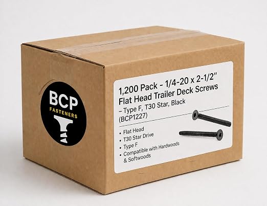 BCP Fasteners 1/4-20 x 2-1/2" Trailer Deck Screws 1400 Qty - Black Trailer Screws for Trailer Flooring & Floorboards, Flat Head, T30 Star Drive, Type F, Compatible with Hardwoods & Softwoods BCP1227