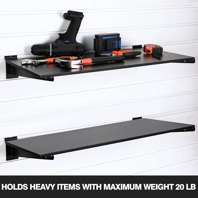 Barydat 4 Sets 23.6 x 11.8 Inch Slatwall Shelves with Metal Brackets Set Heavy Duty Slat Wall Knife Shelf Bracket Accessories Wall Organizer for Garage and Retail Display, Black