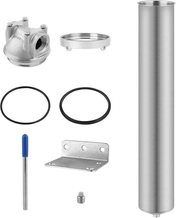 NSF/ANSI 42 Stainless Steel Whole House Water Filter Housing, 20" x 2.5" Sediment Water Filter System for Heavy Duty, Well & City Water, 1" NPT Port, Drain Valve Style C (Square Head)