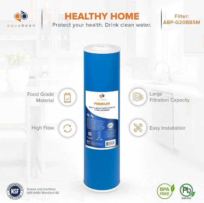 Aquaboon 5 Micron 20 x 4.5 Whole House Water Filter Replacement Cartridge Grabular Activated Carbon (GAG) for 1-Stage Water Filtration System 6 Pack