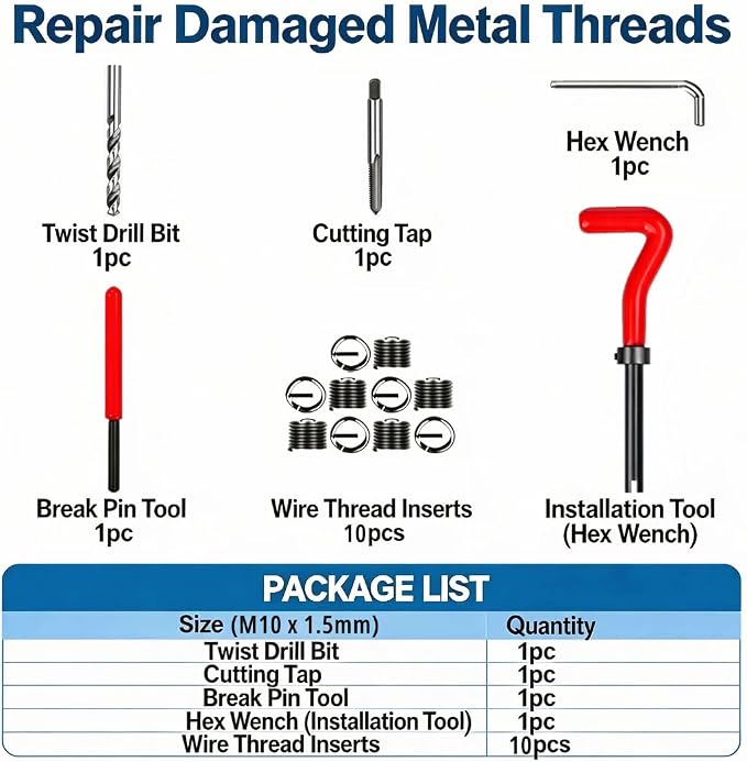 M10 X 1.5 Thread Repair Kit, Metric Helicoil Kit with HSS Drill Bit, 10PC Wire Thread Inserts