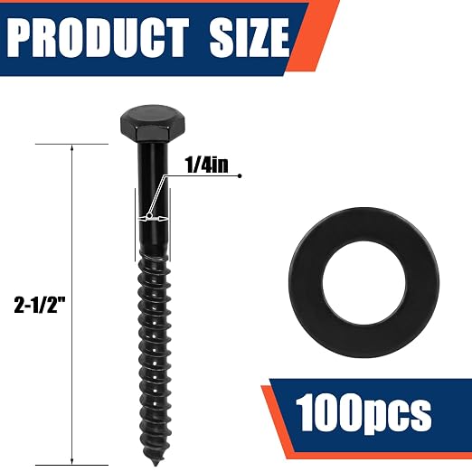 Tandefio 100 Pack 1/4''x2-1/2'' Hex Head Lag Bolts for Wood Ceramic Black Lag Screw Kit with Washers Heavy Duty Hot Dip Galvanized Coating Double Layer for Decks Fences