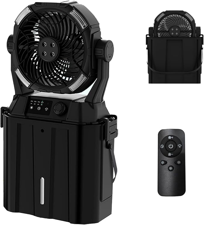 Wilody Portable Misting Fan 20000mAh Rechargeable Battery, 6L Bucket Outdoor Mist Fans Patios Cooling, Camping Fan with LED Light Modes & Stepless Speed Control, 4 Spray Mister, Timer Function(Black)
