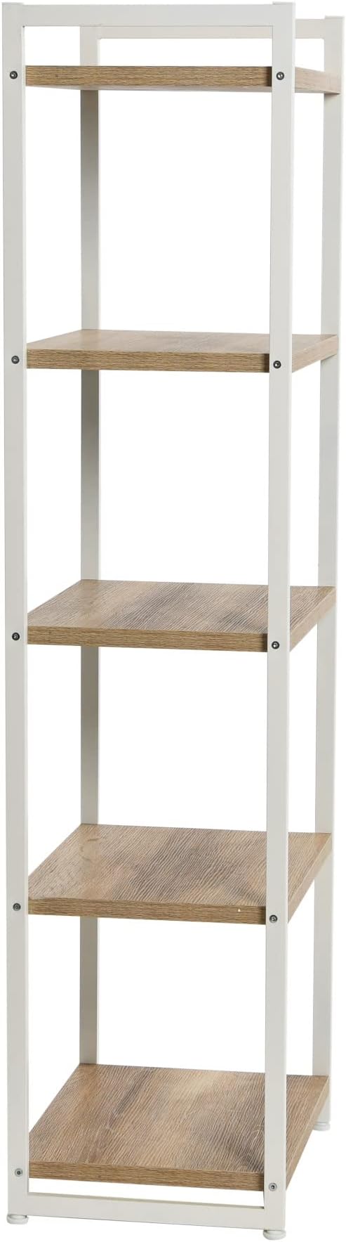 Household Essentials Narrow 5‑Shelf Open Storage Bookshelf, Coastal Oak Wood Grain with White Metal Frame