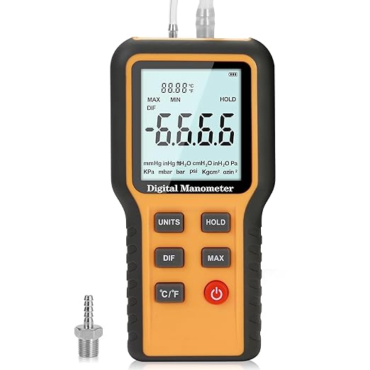 Manometer, Professional Air Pressure Meter, Dual-Port Gas Pressure Tester, | 12 Selectable Units Differential Pressure Gauge, HVAC Digital Manometer, Gas Pressure Tester (Included Battery)