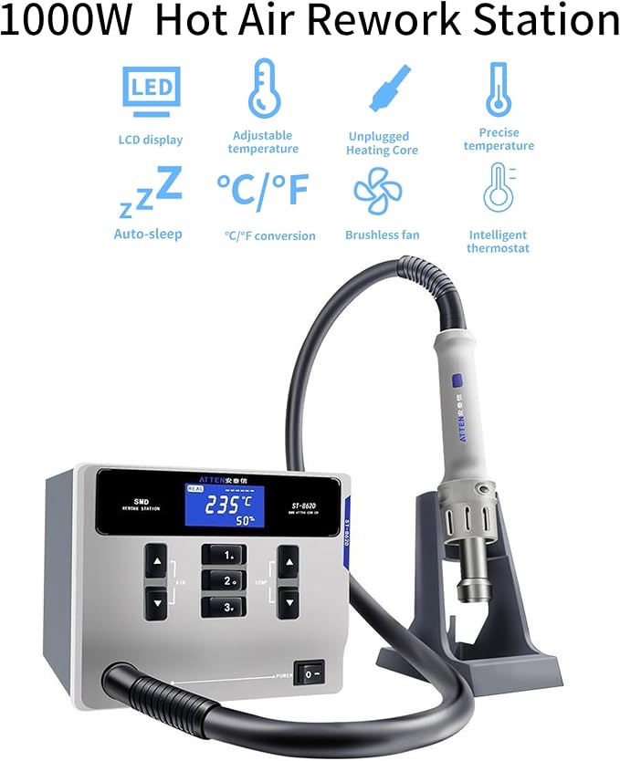 ST-862D Lead-free Hot Air Gun Soldering Station, 1000W Digital Display BGA Rework Station Automatic Sleep Repair Tool for PCB Chip Soldering Repair Desoldering Station