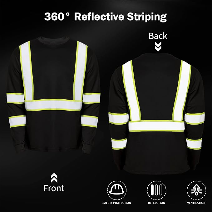 Zhanmai 6 Pack Safety Long Sleeve, Class 3 High Visibility T Shirt with Reflective Strips for Work Surveyor Construction