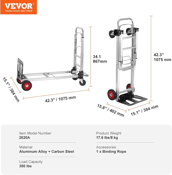 VEVOR Aluminum Folding Hand Truck, 2 in 1 Design 400 lbs Capacity, Heavy Duty Industrial Collapsible cart, Dolly Cart with Rubber Wheels for Transport and Moving in Warehouse, Supermarket, Garden