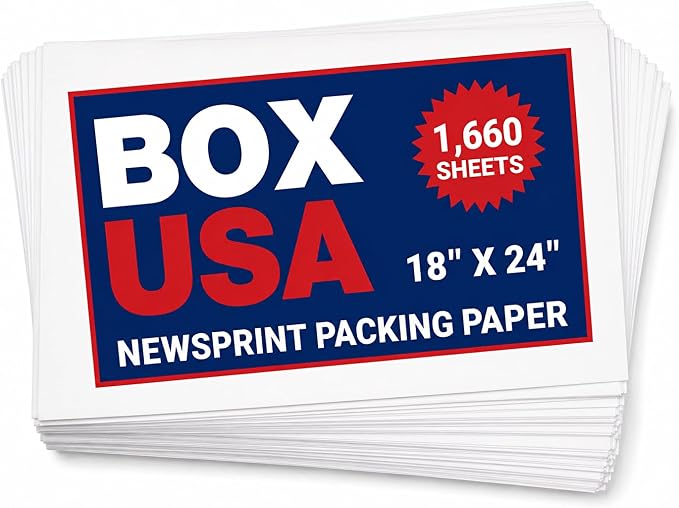 Box USA Packing Paper Sheets 18" x 24" (1666 Sheets, 50 lb) - Newsprint Paper for Shipping, Storage and Moving Supplies, White