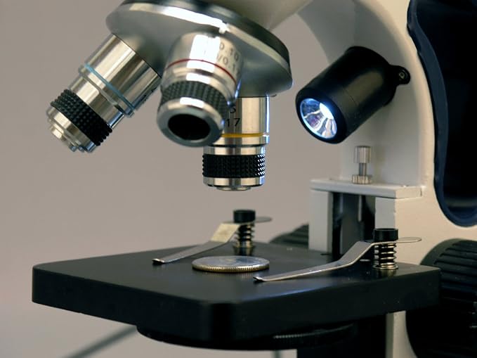 AmScope M158C-2L-E2 Compound Monocular Microscope, WF10x and WF25x Eyepieces, 40x-1000x Magnification, Upper and Lower LED Illumination, Brightfield, Single-Lens Condenser, Coaxial Coarse and Fine Focus, Plain Stage, 110V, Includes 2MP Camera and Software