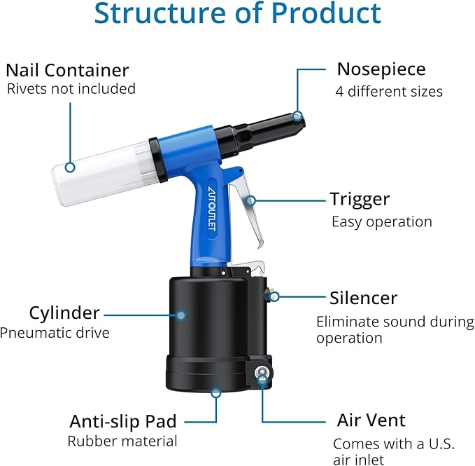 AUTOUTLET Pneumatic Rivet Gun Kit Heavy-Duty Riveter 4 Sizes Air Hydraulic Riveting Tool for Manufacturing Fields