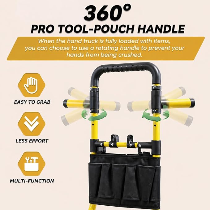 Folding Hand Truck Dolly, 330 lbs Heavy Duty Convertible 2-in-1 Dolly Cart with 3-Level Adjustable Handle, 360° Swivel Handle & Tool Bag for Moving, Shopping, Warehouse & Garage