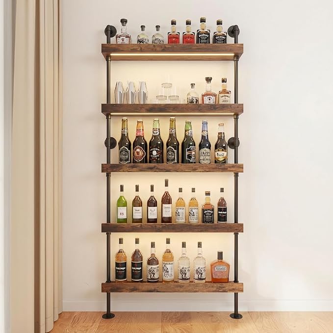 5-Tier Wall Mounted Wine Rack with LED, Industrial Pipe Bar Shelf for Wine Bottle Storage, Industrial Pipe Shelves Shelf Shelving for Home Bar Dining Room Kitchen (24INCH-LED)