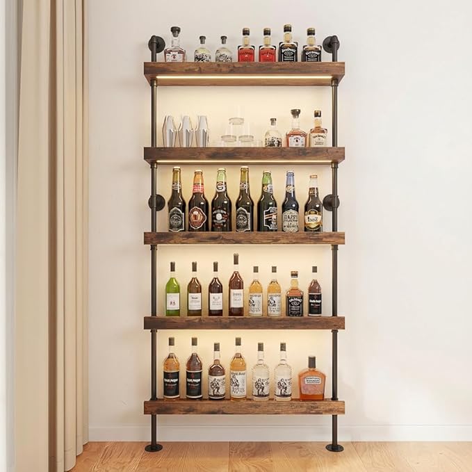 5-Tier Wall Mounted Wine Rack with LED, Industrial Pipe Bar Shelf for Wine Bottle Storage, Industrial Pipe Shelves Shelf Shelving for Home Bar Dining Room Kitchen (31.5INCH-LED)