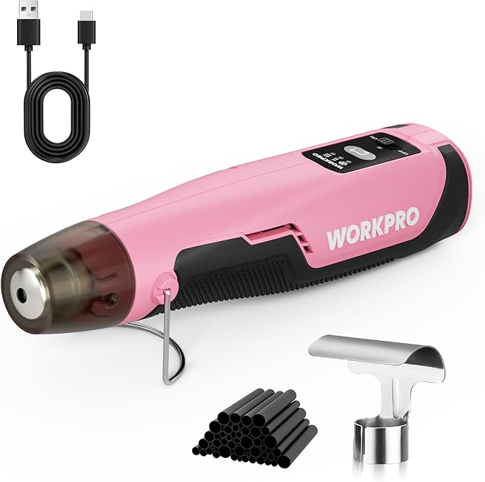 WORKPRO 7.2V Cordless Mini Heat Gun for DIY Crafts, 4000mAh Hot Air Gun, 1.5s Fast Heating, 3 Temp Settings (Cool/572°F/842°F), USB-C Rechargeable - Pink Ribbon