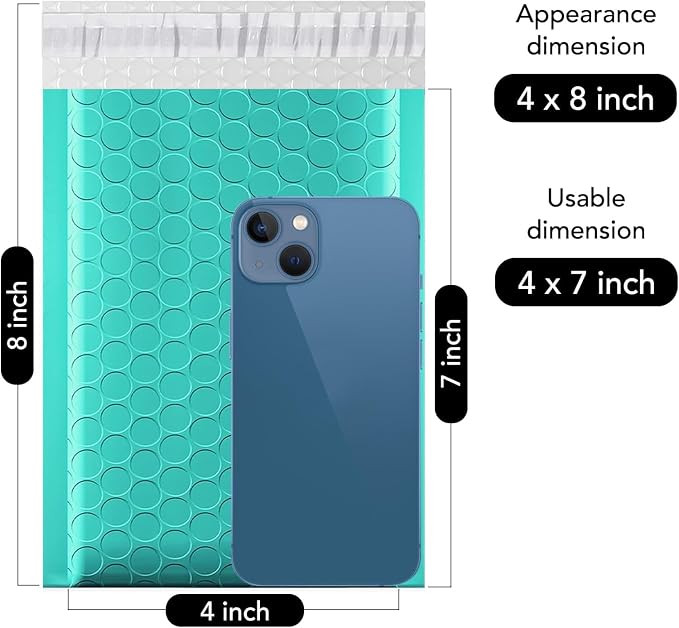 Fuxury Bubble Mailers 4x8 Inch Teal 200 Pack Padded Envelopes Usable Size 4x7" Thick Mailing Envelopes Bubble Opaque Padded Mailers Shipping Bags for Mailing Jewelry Makeup Small Business#000