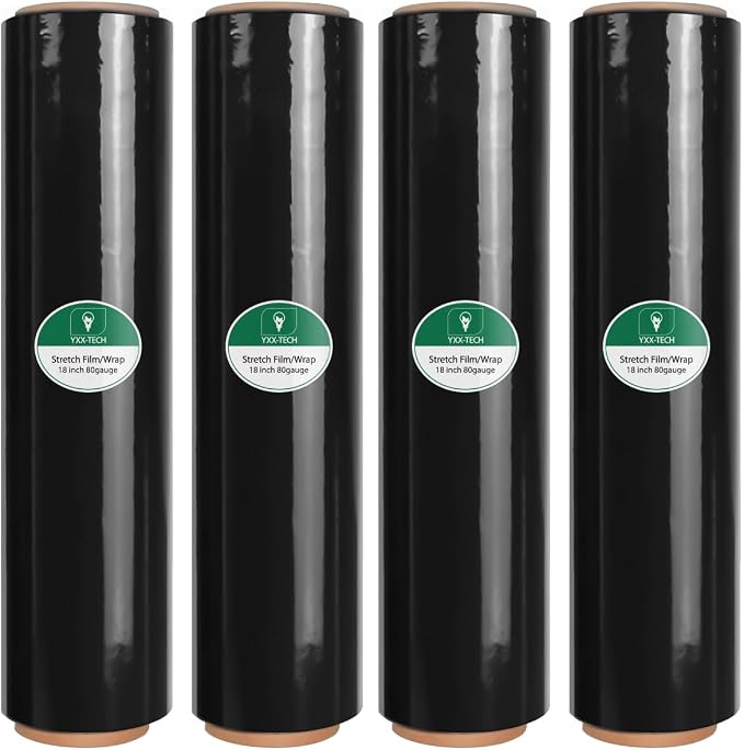 Black Stretch Wrap Film, Shrink Wrap 18in x 1500ft 4 Pack, Heavy Duty Privacy Pallet Wrap | Black film, Self-Adhesive Cling,, 80 Gauge Industrial Strength, for Privacy Moving Packing Shipping