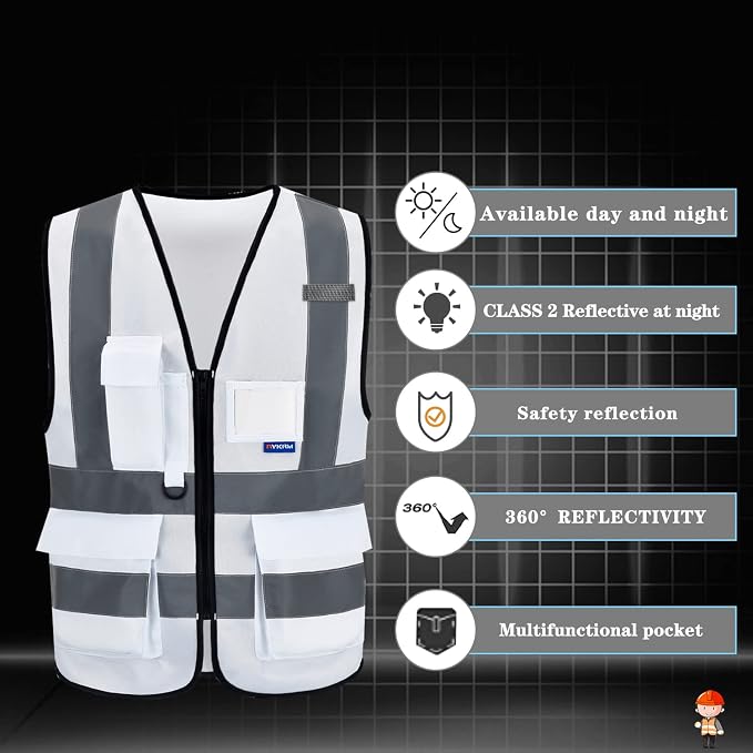 A-SAFETY Hi-Vis Reflective Vest, Transparent ID Pocket, Zipper, White, 3XL | White 3XL safety vest with 7 pockets, transparent ID pocket and radio mic loop for authorized visitors; unisex workwear.