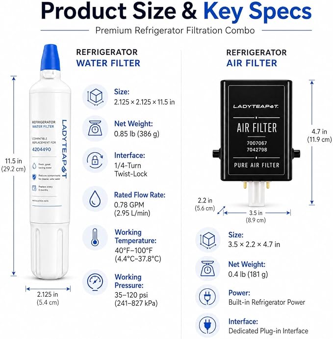 Replacement 4204490 Water Filter and 7007067 Air Purification Cartridge Combo Pack, Compatible with Sub-Zero 4204490, 4290510 Water Filter, 7042798/7007067 Air Filte (2+2 Count)