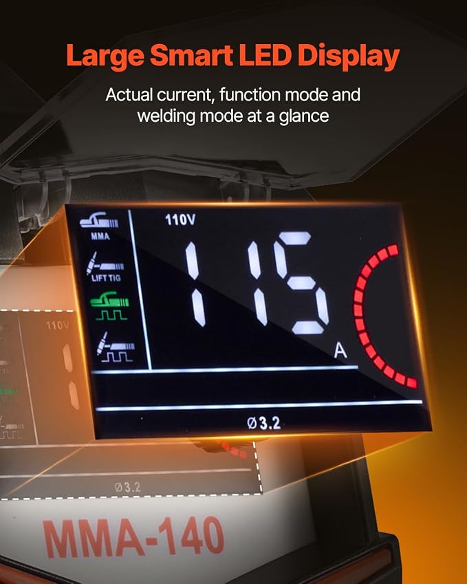 VEVOR MMA Welder, 140A 4-in-1 Welding Machine - MMA (Stick)/DC Pulse MMA/DC Pulse TIG/Lift TIG, 110 & 220V Dual Voltage Electric Welder with LED Display, Synergic Control, IGBT Inverter Hot Start